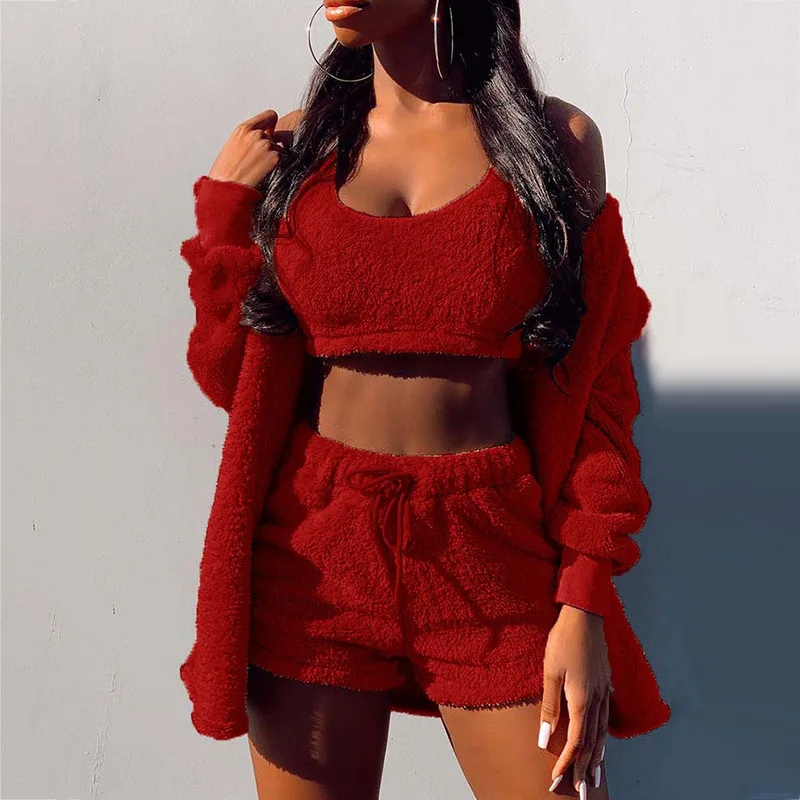 3Pcs Sets Women Winter Outfits Plush Warm Sexy Long Sleeve Pyjamas Sports Sweatshirt Homewear Crop Top Vest Shorts Set Tracksuit |