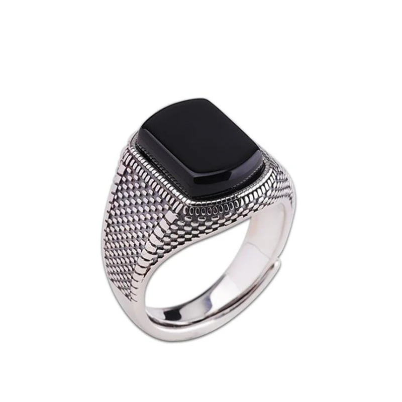 925 sterling silver 925 пробы Серебряное гравированное ручной работы кольцо с черным агатом Размеры Регулируемый Мода личность Для мужчин широкая лицевая сторона черное кольцо аксессуары - Цвет камня: 925 sterling silver