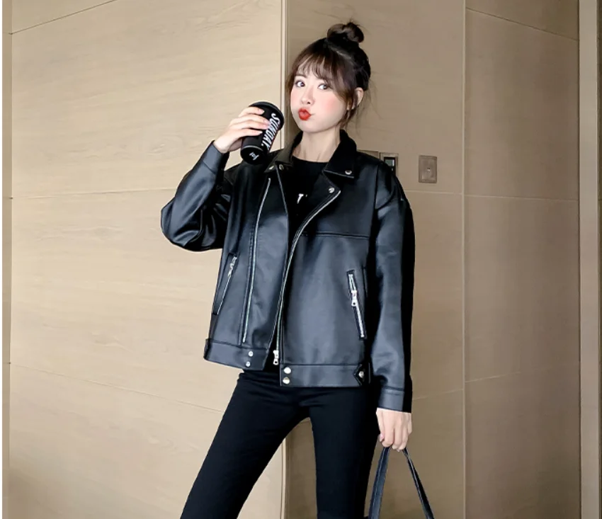Куртка женская кожаная оверсайз, куртка бойфренда в Корейском стиле, верхняя одежда из искусственной кожи, черная, Осень-зима от AliExpress RU&CIS NEW