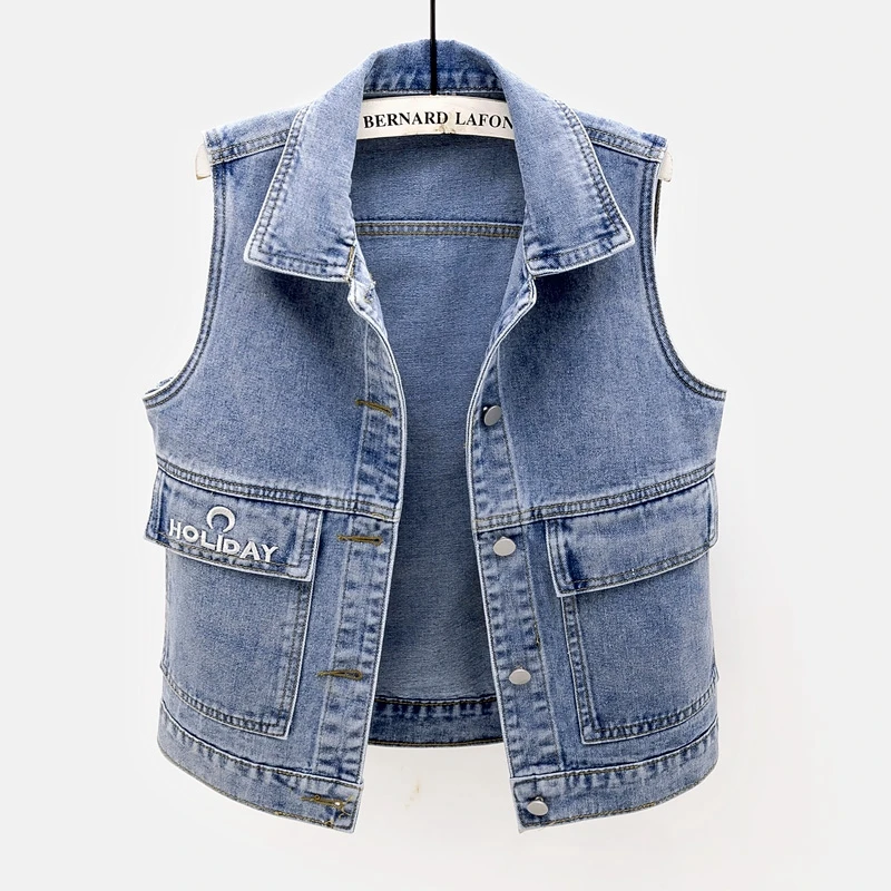 

Korean Fashion Letter Embroidery Big Pocket Short Denim Vest Women Waistcoat Casual Loose Sleeveless Jacket Jeans Vest Female