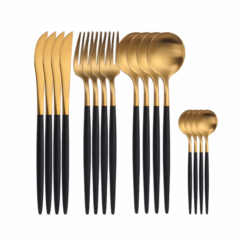 

16Pcs Matte Black Cutlery Set Stainless Steel Tableware Black Gold Dinnerware Set Spoon Fork Knife Dinner Set Complete Flatware