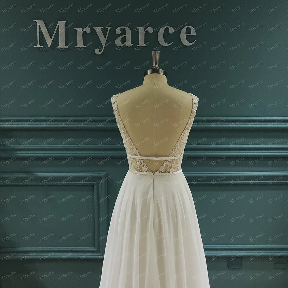 Mryarce Brautkleid mit tiefem Ausschnitt, 3D-Blumenspitze, offener Rücken, Chiffon, A-Linie, rustikale Brautkleider – Detail 4