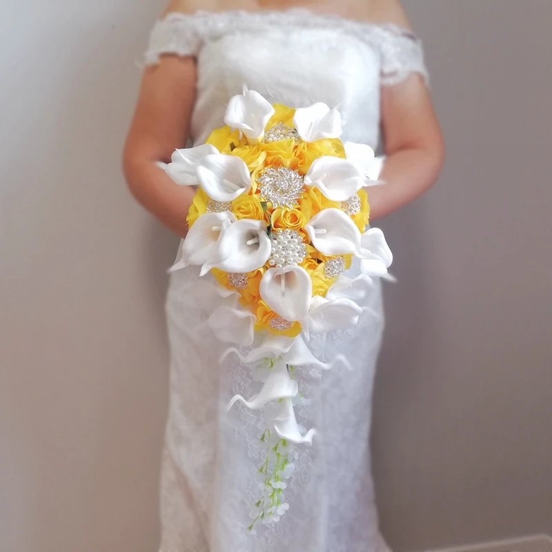 

Whintey New Real Photo Sun Shine Yellow Waterfall Wedding Bouquet Long Pearls Jewelry Brooch Bridal Cascading Bouquet mariée