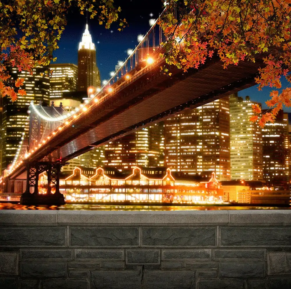 

New York City Skyline brooklyn Bridge Night Leaves Light background Vinyl cloth High quality Computer print scenic backdrop