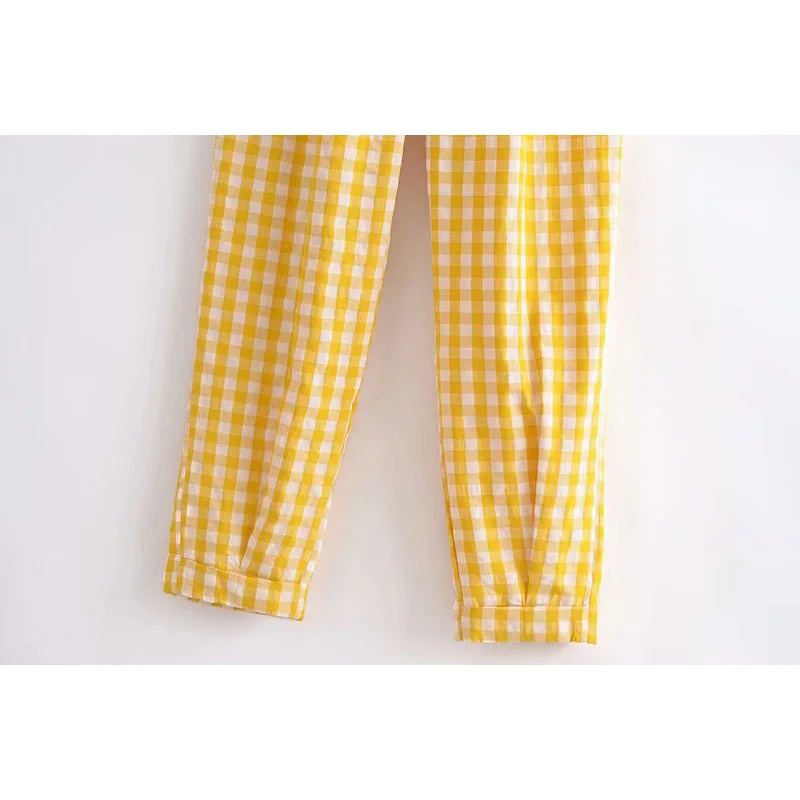 

2021 Women Summer Fashion Button Plaid Side Pocket Jumpsuit Za Vintage Sleeveless Wide Straps Female Casual Backless Jumpsuit