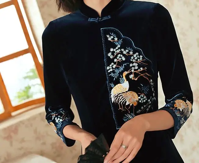 Синее бархатное длинное платье qipao Vietnam ao dai с вышивкой|qipao styles|cheongsam stylecheongsam |