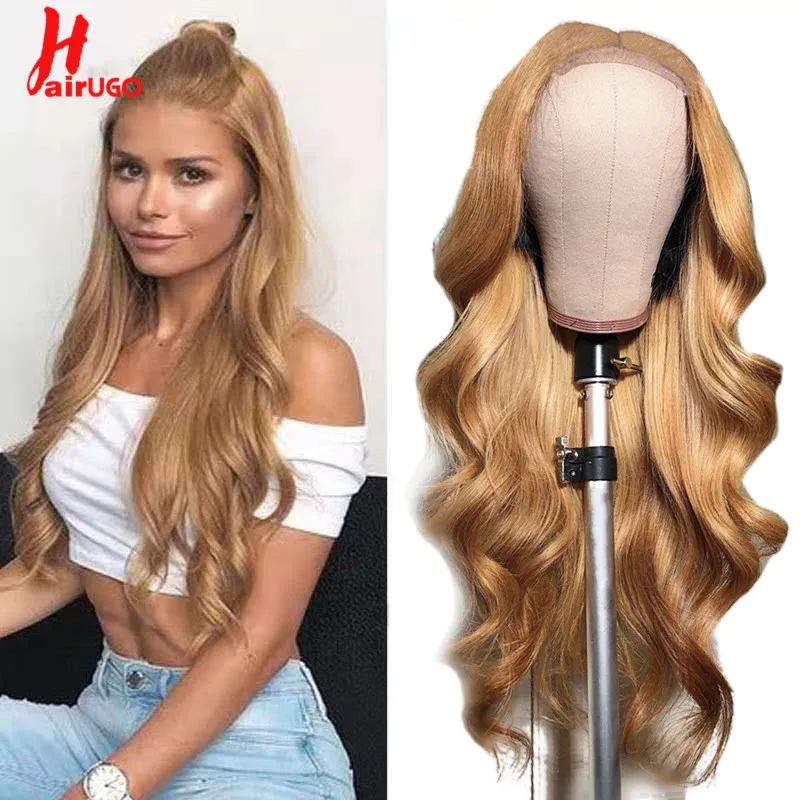 

Ombre 4x4 Lace Closure Human Hair Wig For Women Remy Peruvian Hair Blonde Body Wave Wig With Baby Hair HairUGo Pre Plucked 150%