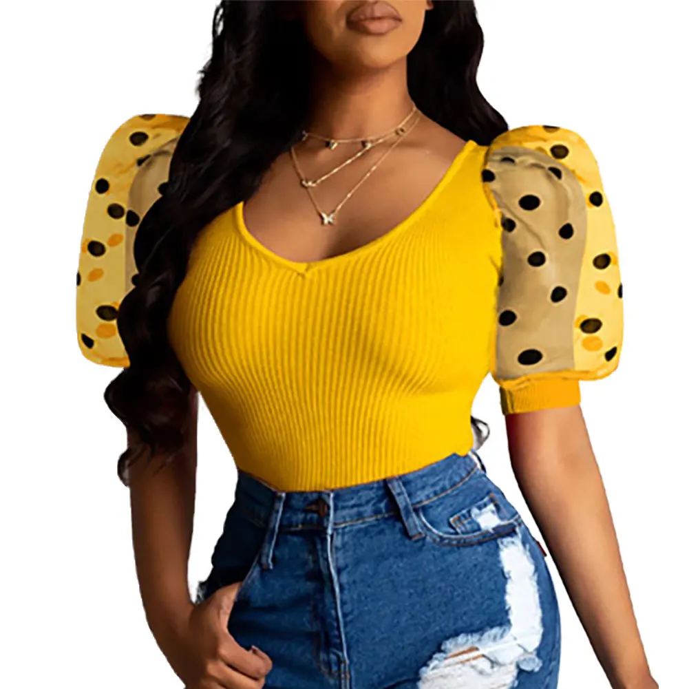 

Ladies Retro Sexy Short Sleeve Low Cut Ribbed Polka Dot Puff Sleeve Tight Club Fashion T-Shirt Top