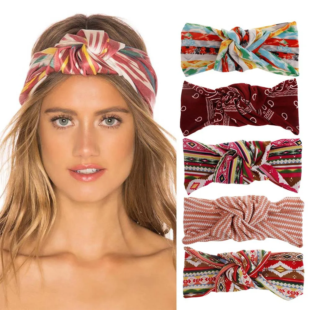 

Bohemia Women Flower Headband Floral Print Elastic Turban Top Cross Knot Hair Band Wide Stretch Girls Hairband Hair Accessories