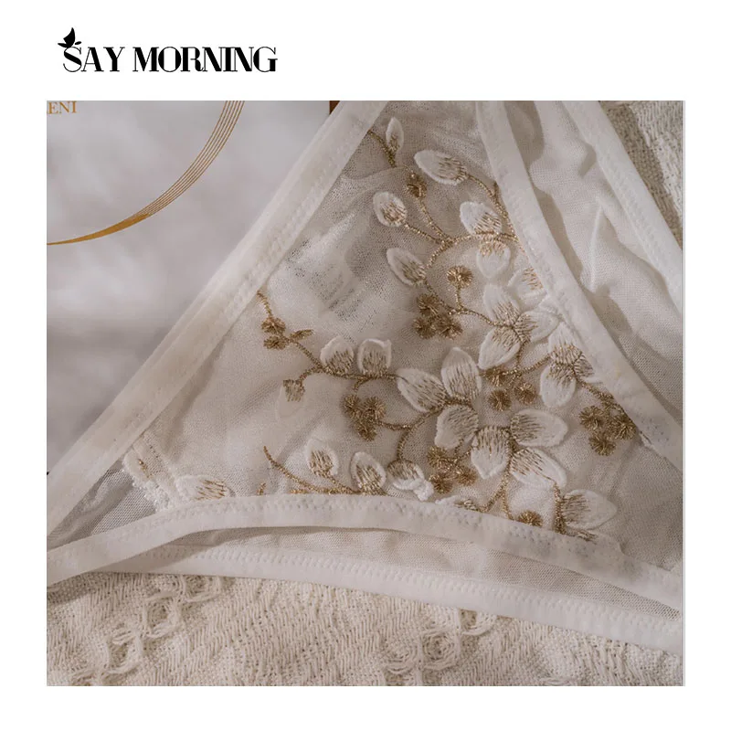 

SAY MORNING Retro embroidery flower bralette lace thin bra and panties set sexy white fairy wide-breasted adjustable underwear