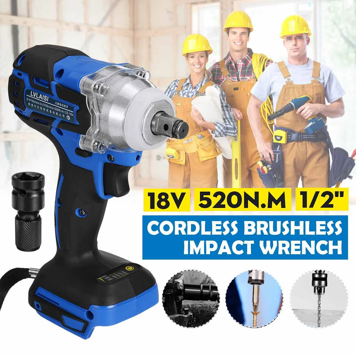 18V 520N.m. Сменный драйвер аккумуляторного гайковерта Makita литий ионный ударный