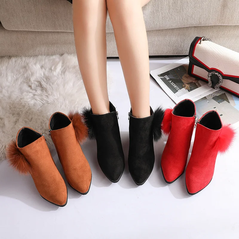 Большие размеры 35-42 женские ботинки ботильоны на искусственном меху зимняя обувь