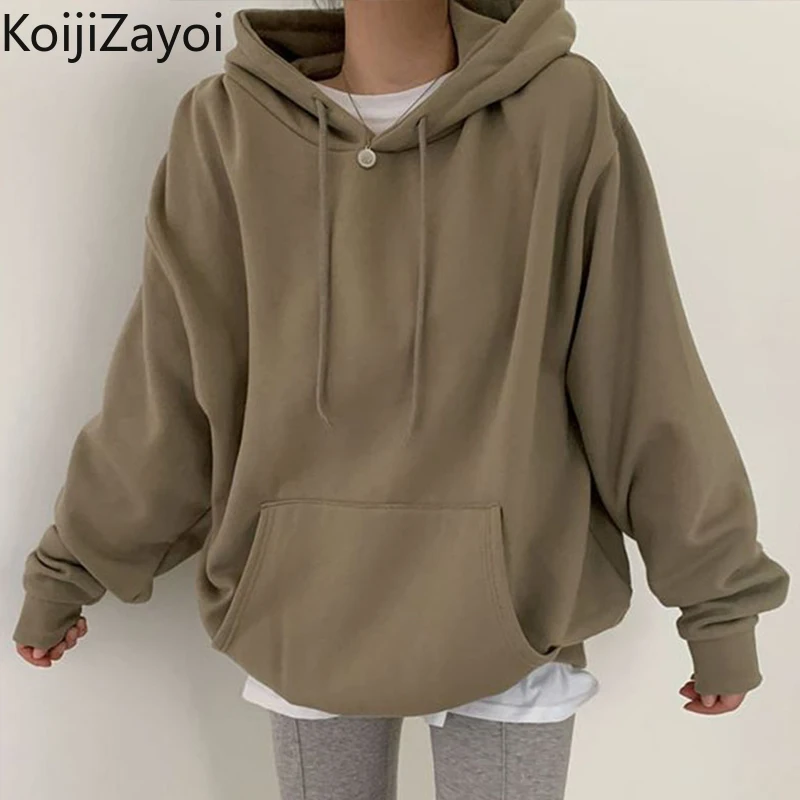 

Koijizayoi Hoodie for Women Long Sleeves Winter Thick Hooded Pullover Casual Pockets Plus Velvet Oversize Sweatshirts Streetwear