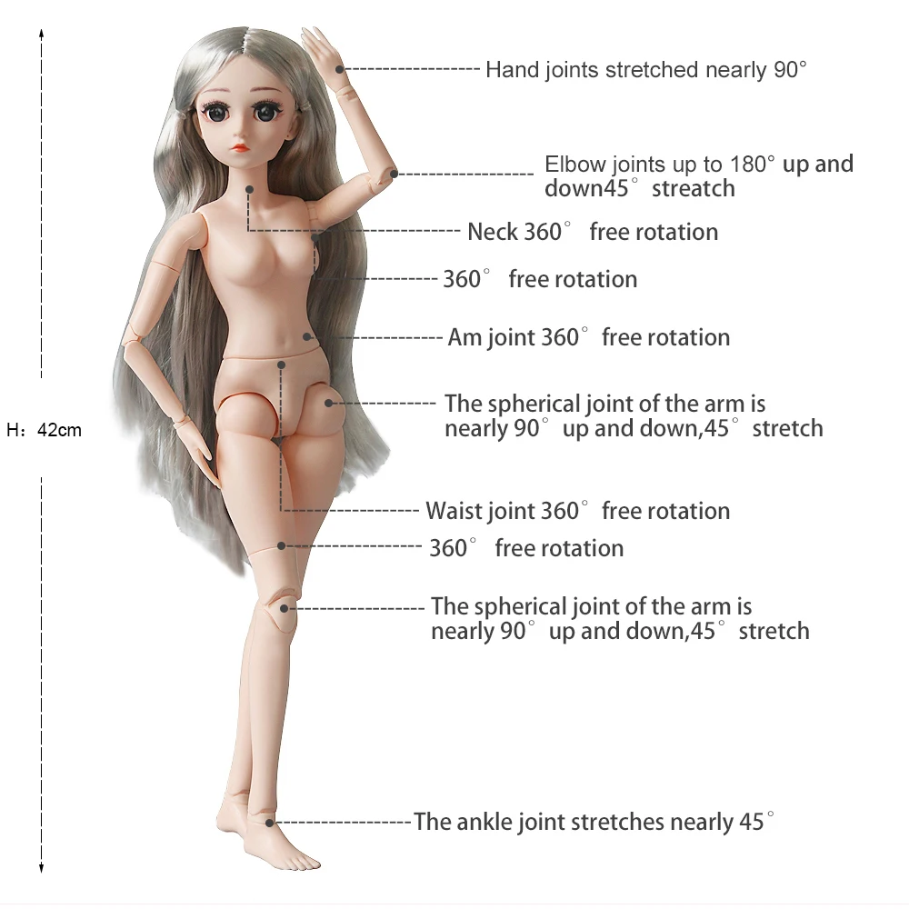 BJD-Mu&ntilde;eca articulada de 18 bolas para ni&ntilde;as, conjunto completo de mu&ntilde;eca de 18 pulgadas, cuerpo de mu&ntilde;eca con ropa, 42cm, desnuda, BJD, juguetes para ni&ntilde;as, regalo, 1/4-4