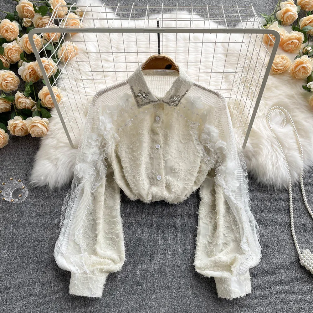 SINGREINY Новая Женская французская блузка с бисером и отложным воротником сетчатая