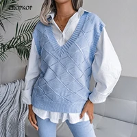 women checked sweater vest korean style sleeveless knitted v neck hollow sweaters casual loose solid pullover top fashion coats