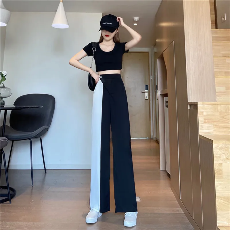 

2021 new fashion women's high-waisted loose casual slimming stitching holiday wide-leg casual pants