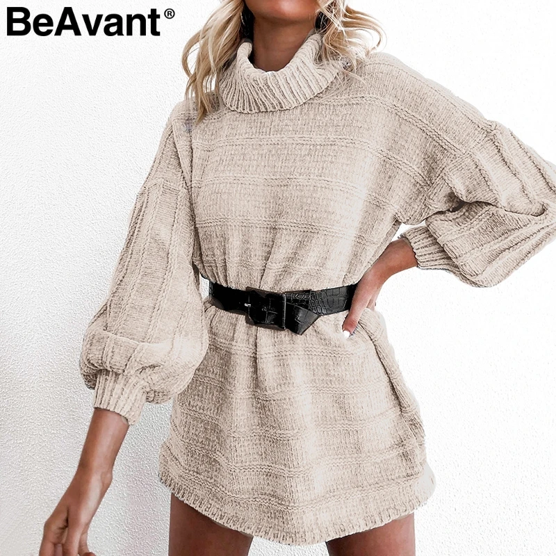 Женское вязаное платье с рукавами-фонариками BeAvant осенне-зимнее дамское короткое