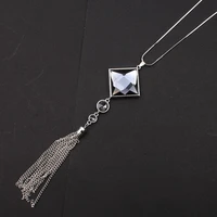 Fashion Women Lady Big Rhinestone Crystal Square Pendant Long Chain Tassel Sweater Necklace Party Drop Necklace Jewelry
