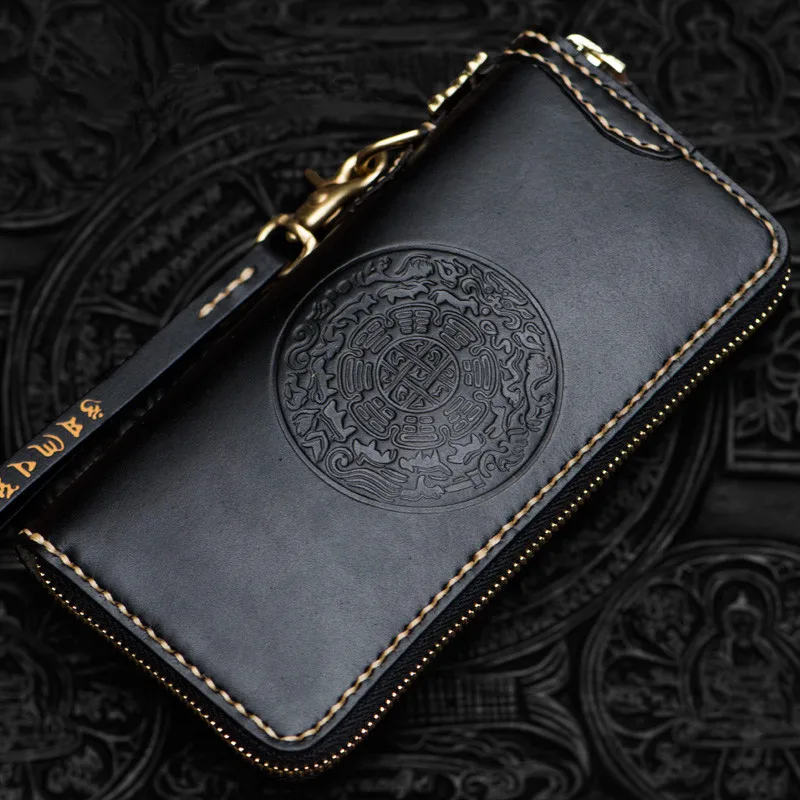 Cow Leather Delicate Pendant Wallets Embossing Bag Purses Women Men Long Clutch Vegetable Tanned Leather Wallet Card Holder