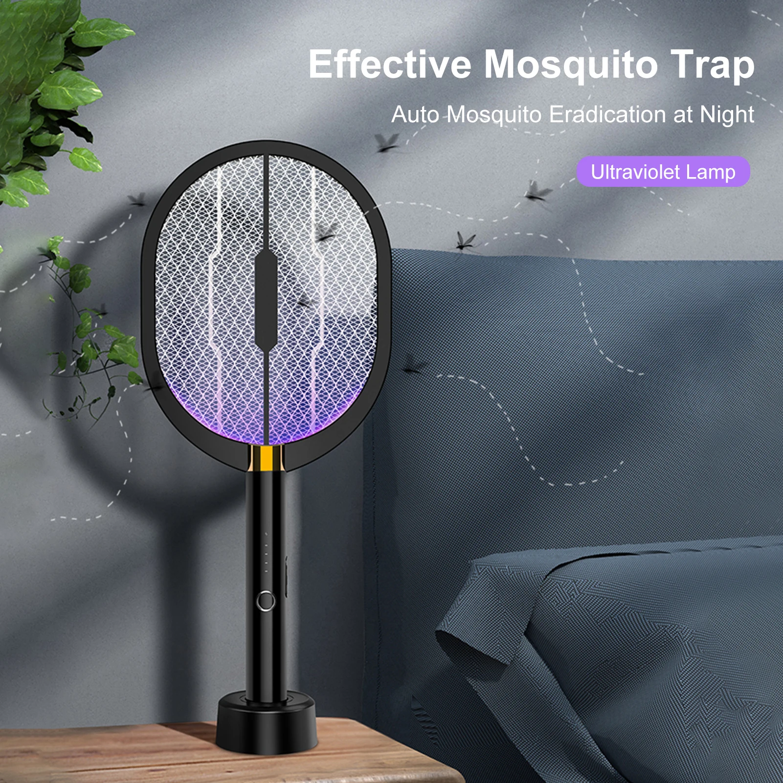 

3 in 1 Electric Fly Swatter Portable Handheld USB Rechargeable Mosquito Zapper Killer Lamp & Racket with Table Wall Holder