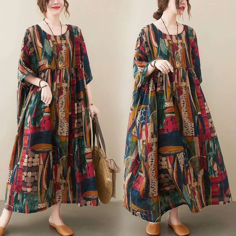 

New Women Summer Dress Short Sleeve Retro Holiday O-Neck Short Sleeve Loose Causal Sweet Elegant Maxi Dress Fashion Beach Dress