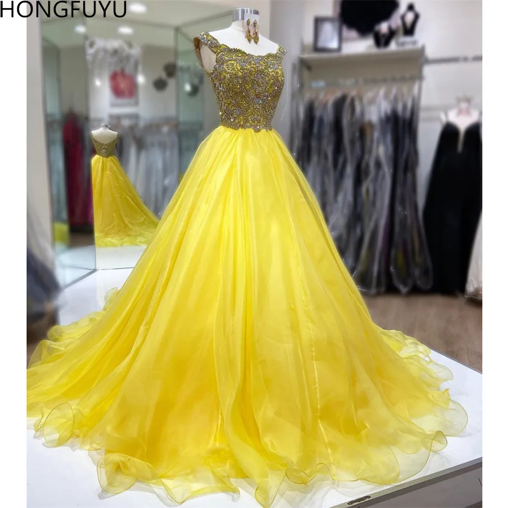 

HONGFUYU Tulle Scoop A Line Prom Formal Party Long Dresses Evening Gowns robe de soirée Luxury Crystals vestidos de gala Custom