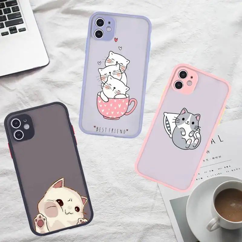 

Cute cartoon Cat Phone Case For iPhone 12 11 Mini Pro XR XS Max 7 8 Plus X Matte transparent Gray Back Cover