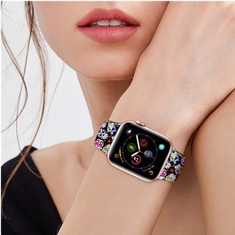Colorful skull Print Strap for Apple Watch Band 44MM 40MM 38MM 42MM Silicone Belt for iWatch Series 6 SE 5 4 3 Watch Bracelet