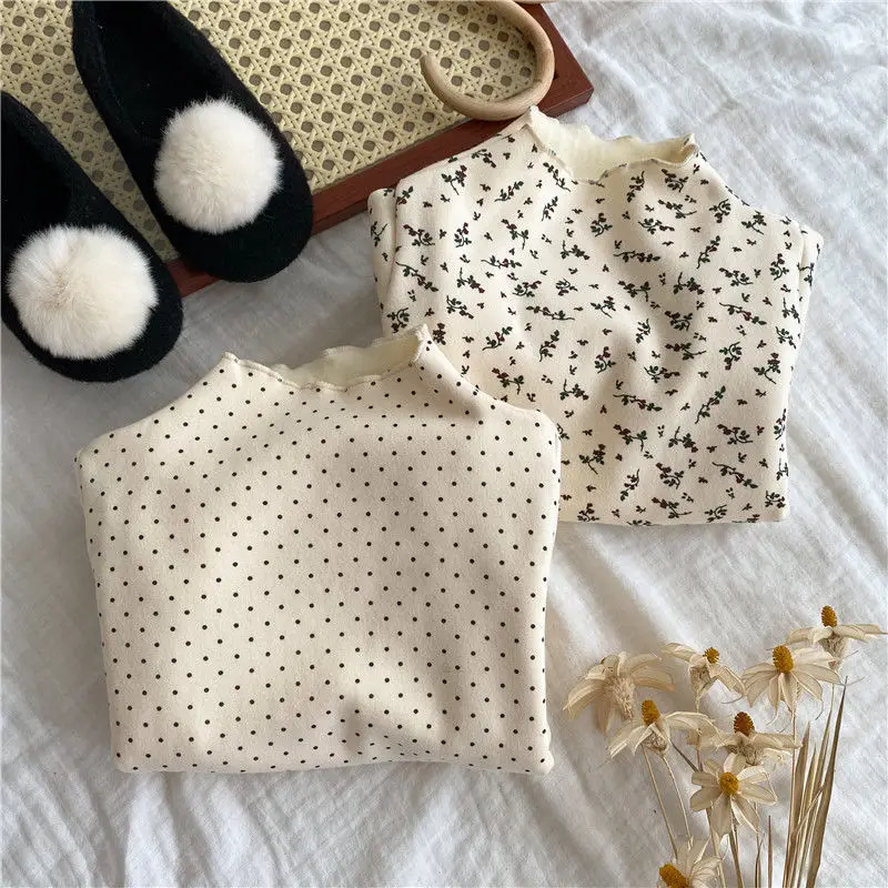 

Baby Girl Autumn Winter T-shirt New 2021 Cotton Floral Mock Neck Fleece Bottoming Tees Tops Fashion Children's Clothing