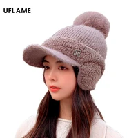 womens winter hat letter h knitted ear protection hat with fur pom pom soft rabbit fur warm beanie skull hat earmuff bonnet cap