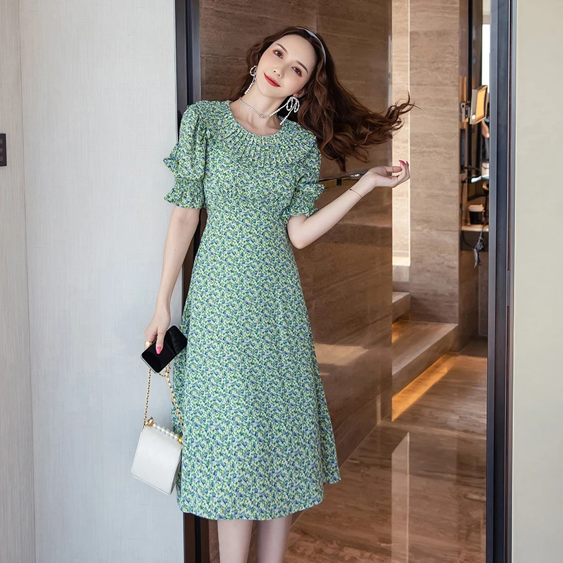 

Summer Dress Women O-Neck Puff Sleeve High Street Vintage Print Party Midi Dress Vestidos De Fiesta