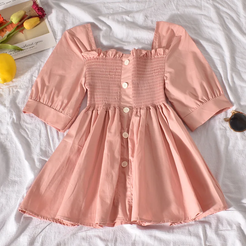 

Fashion Square Collar Buttons Blouse Tops Women Vintage Elegant Long Short Sleeve Tops Ladies Summer Blouse Shirt Blue Pink