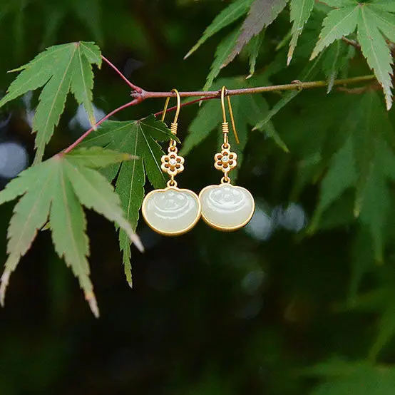 

Natural Hetian Jade White Jade Ruyi Earrings Earrings S925 Sterling Silver Auspicious Classical Atmosphere to Give Mom Gift