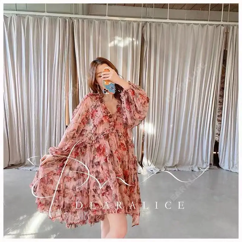 

2020 elegant print V-neck slim high waist adjustable dress two piece set