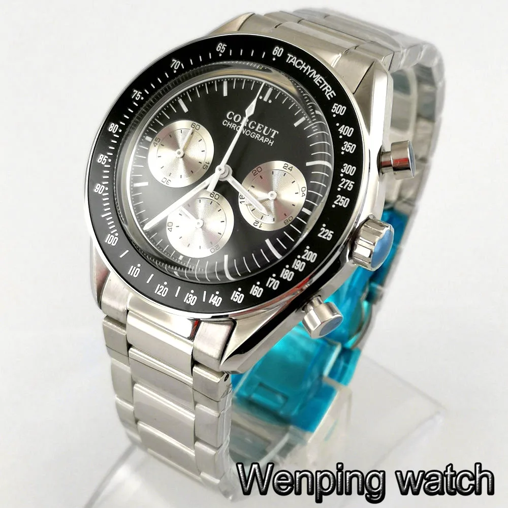 Corgeut new 40mm luxury quartz men s Watch polished case black dial chronograph function waterproof watches