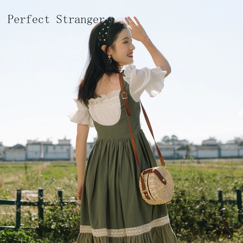 

2020 Summer New Arrival Retro Princess Style Square Collar Short Sleeve Women Long Dress