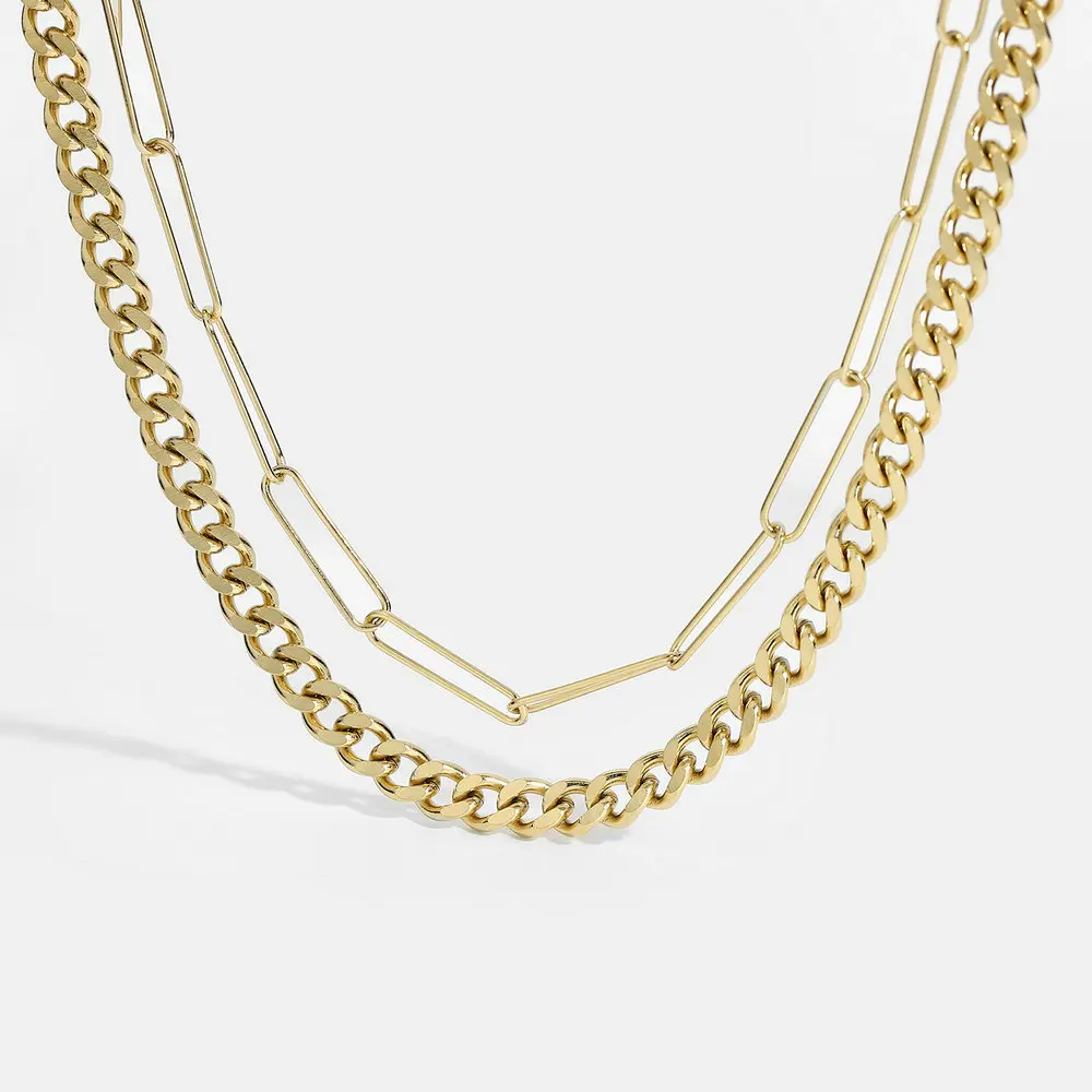 

14K Gold Plated Stainless Steel Long Cross Chain Double Layer Necklace For Women Men Punk Jewelry Accessories