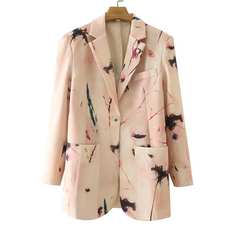 

SeeBeautiful Two Pieces Printed Loose Notched Long Sleeve Blazers Coat Lace Up Shorts Women Autumn 2022 New Fashion G350