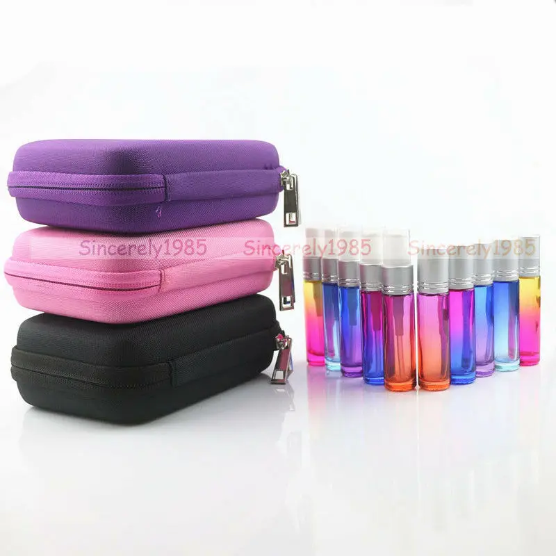 10X 10ml Glass Roll on Bottles Essential Oils Roller Perfume Spray Vials with 1x Storage Case / bag Travel size