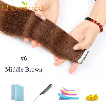 Color6 -20 Pcs ShowCoco лента в Пряди человеческих волос для наращивания натурального волос 20/40 шт, смешанные цвета, Цвет горячие головы для наращивания блеск коричневого до блондинка ленточных накопителей - Цвет: Color6 -20 Pcs