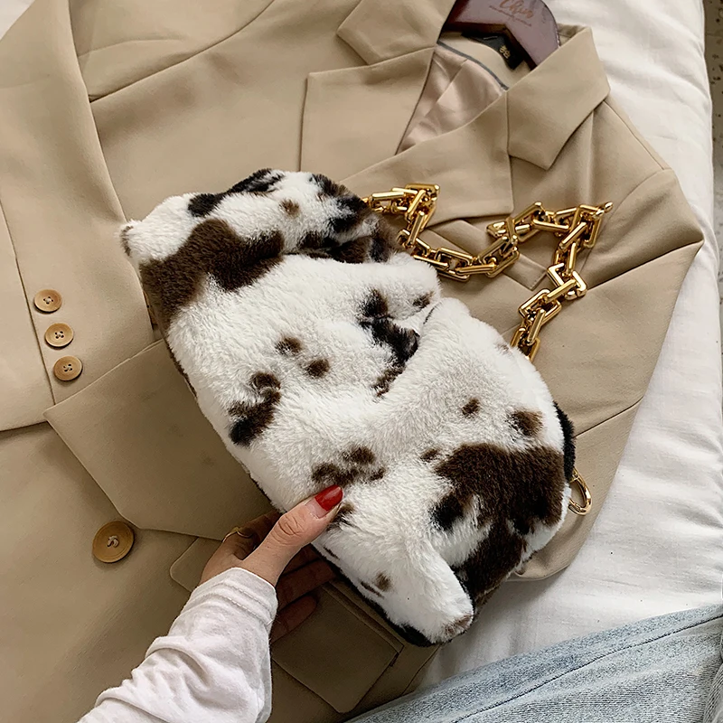 

с доставкой Small Cow pattern Soft Faux Fur Shoulder Bags for Women 2021 Winter Chain Fashion Luxury Handbags and Purses
