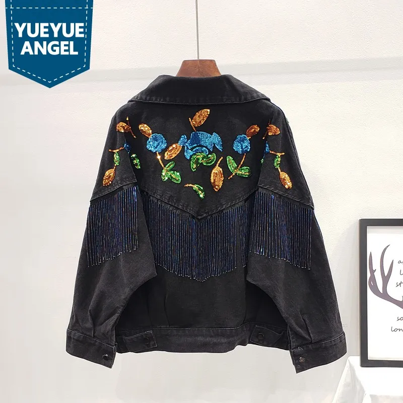 

Новая модная женская джинсовая куртка с блестками и вышивкой, рукав «летучая мышь», Свободное пальто в стиле хип-хоп с кисточками, осенняя ж...
