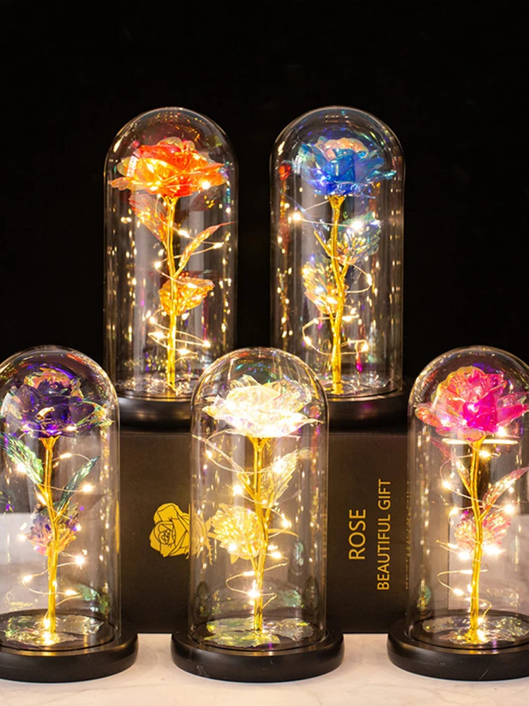 

New Colorful Artificial Flowers Rose Eternal Rose In Glass LED Dome Christmas Decor New Year Gift Ornaments Valentines Day Gift