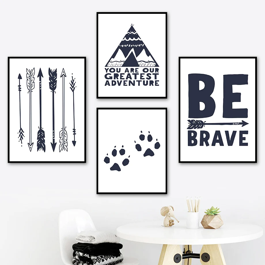 

Mountain River Arrow Paw Brave Quote Cartoon Wall Art Canvas Painting Nordic Posters And Prints Wall Pictures Kids Room Decor