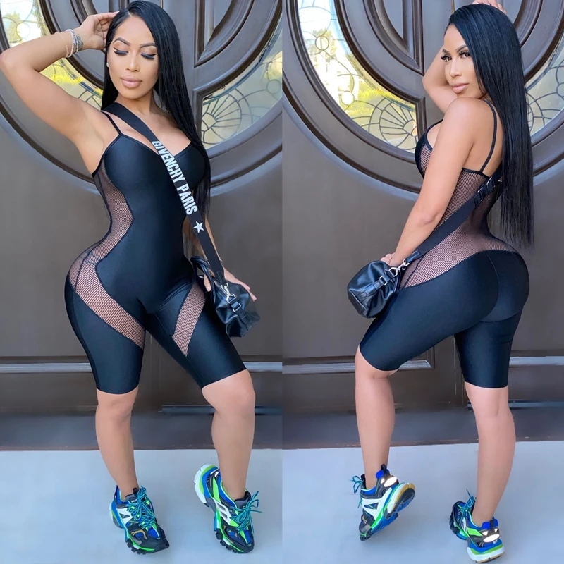 

Sporty Sheer Mesh Insert Plus Size Rompers Sexy One Piece Shorts Jumpsuits for Women Dropshipping D42-BH16