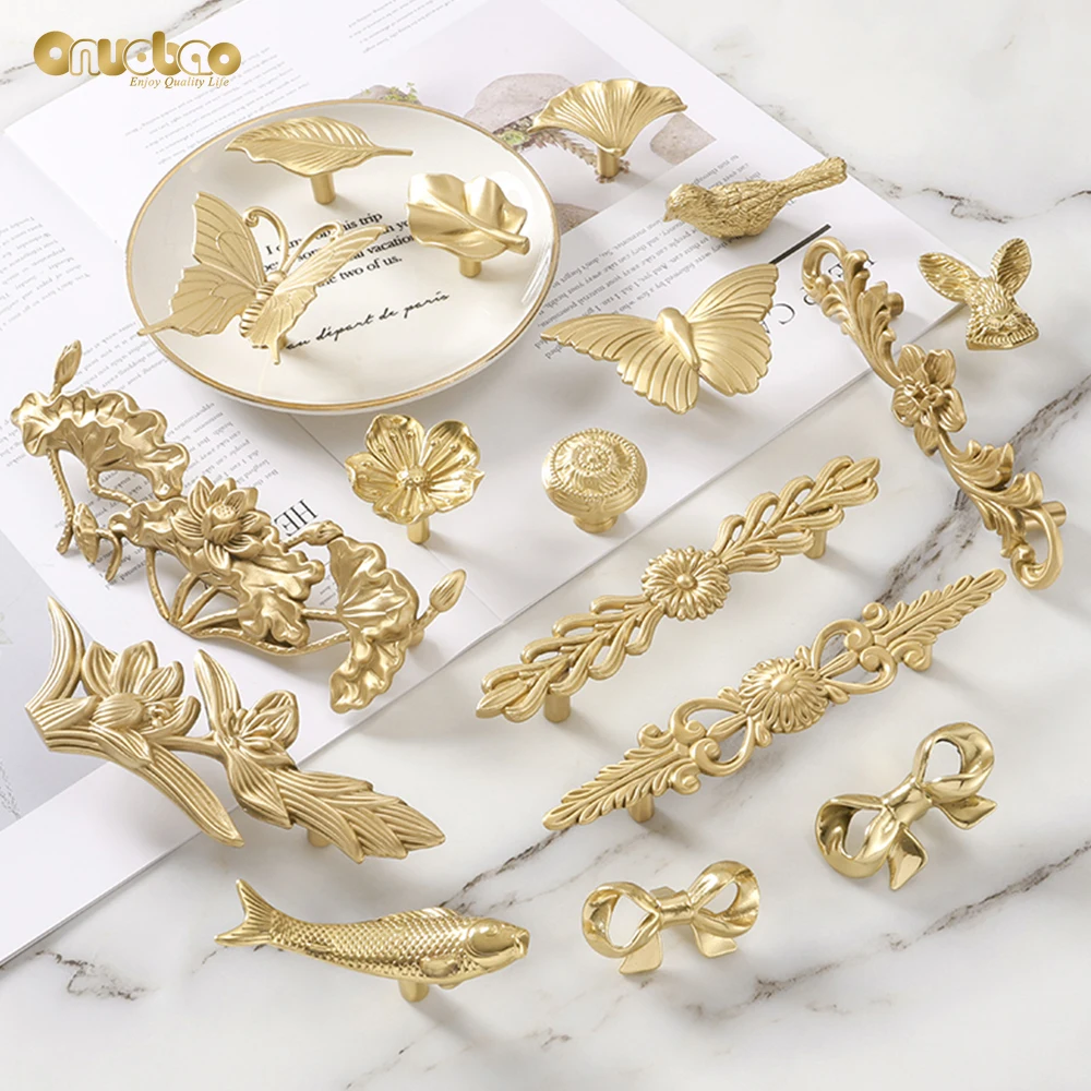 

Onuobao Pure copper handle light luxury entrance cabinet door brass golden cabinet drawer side closet fish flower rabbit bird
