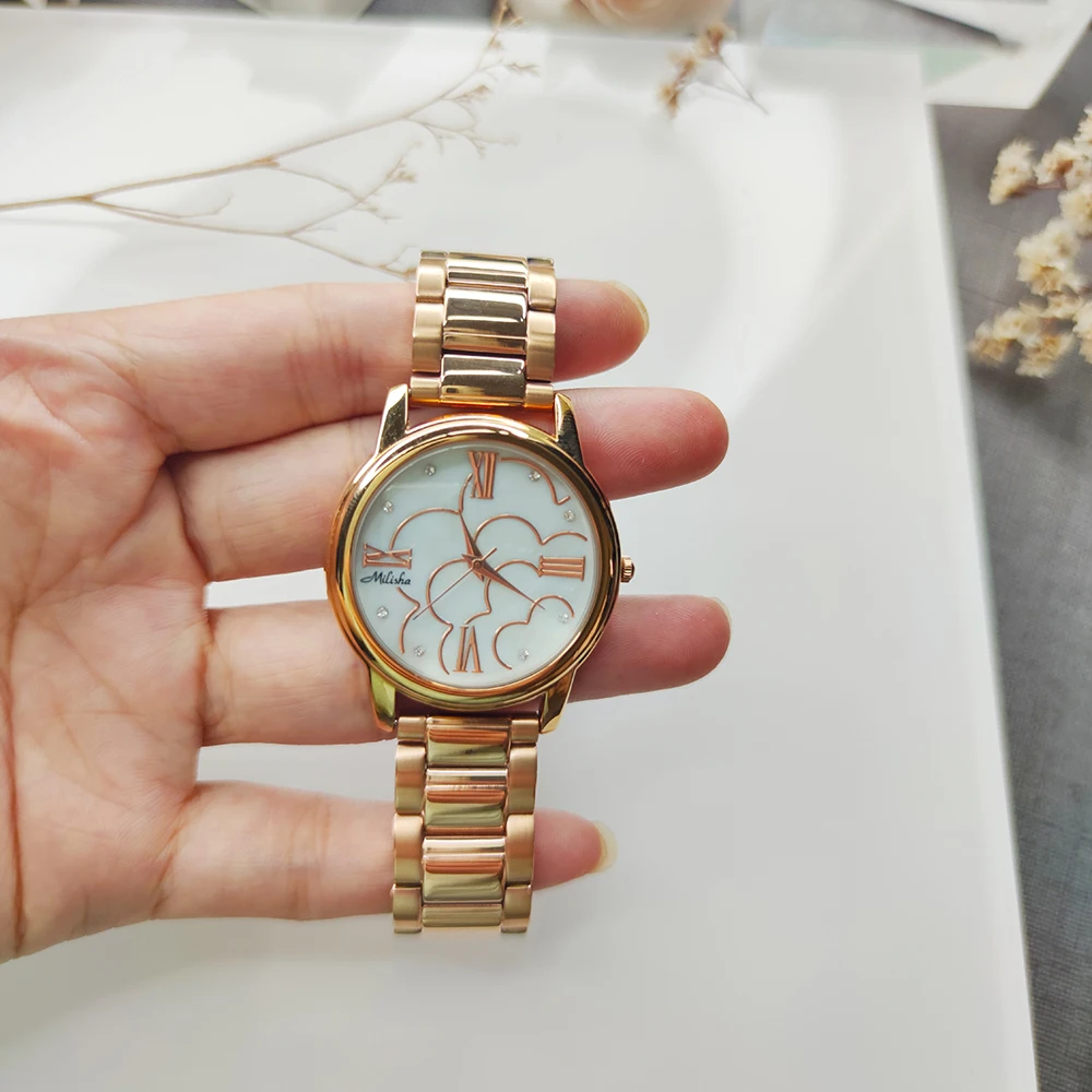 Clean Stock Big Sale Round Case Copper Watch for Women White/Rose gold and Gold Cute Dial  Wide Band Wrist Watches