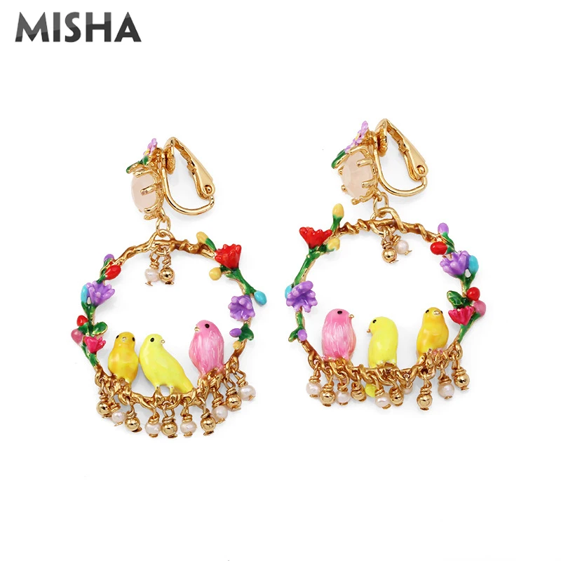 Clip Earrings MISHA, роскошные женские серьги, ручная работа, эмалированная глазурь, цветы и птицы, Имитация драгоценного камня, ювелирные изделия в винтажном стиле, подарки для девушек, L950 - Окраска металла: Clip Earrings