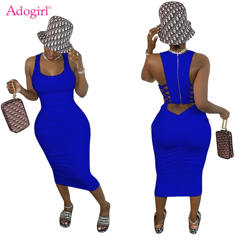 

Adogirl Solid Women Ruched Tank Dress Zipper Back Hollow Out Sleeveless Bodycon Midi Casual Summer Dresses Fashion Sexy Vestido
